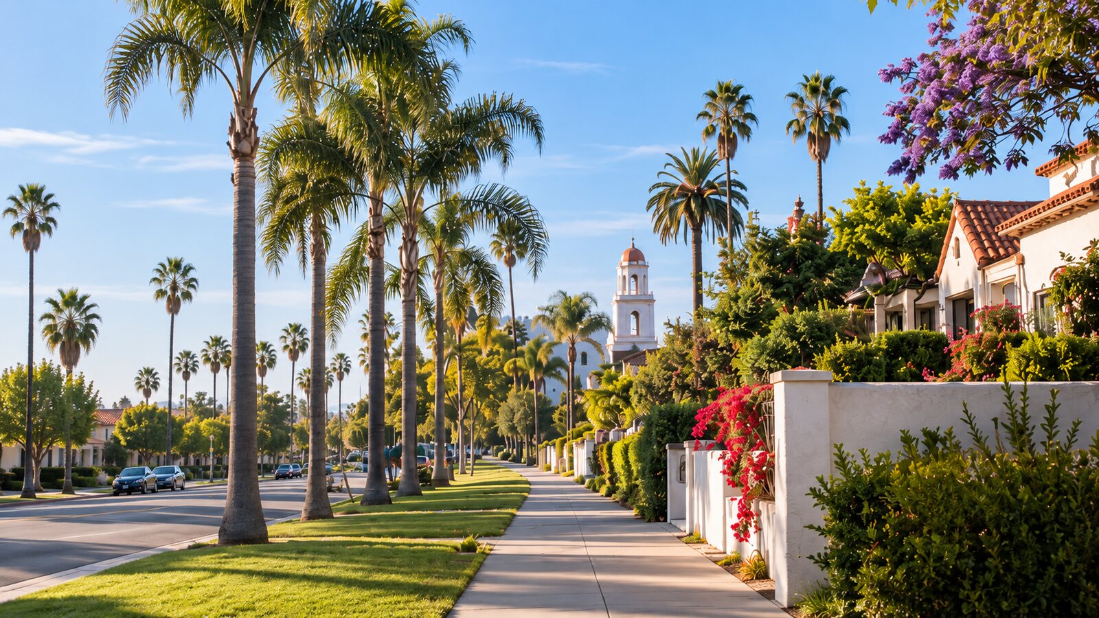 A tree-lined historic Santa Ana street