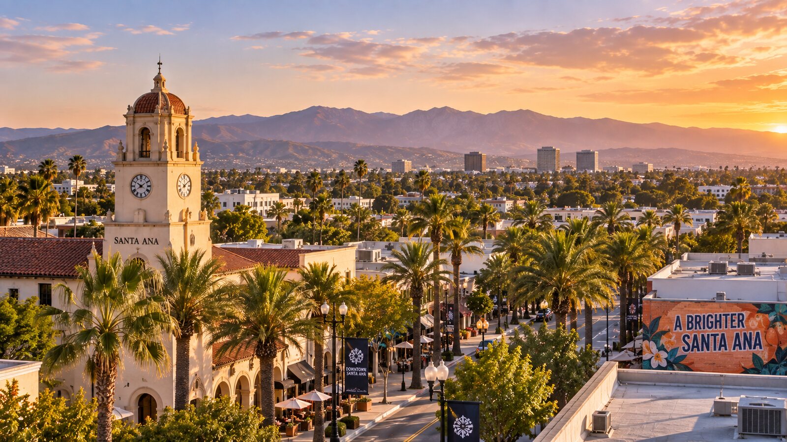 Santa Ana at sunset with the clock tower